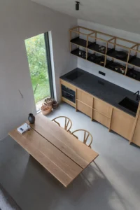 Japandi style 25x25 design wood kitchen and solid oak wood table by Kongacph