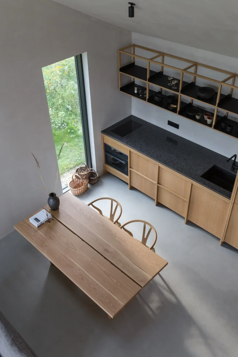Japandi style 25x25 design wood kitchen and solid oak wood table by Kongacph